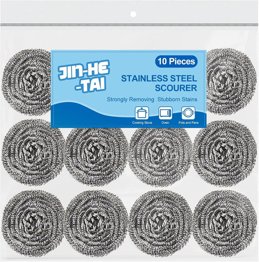 10 Pack Stainless Steel Scrubber, Steel Wool Srubber for Scouring Stubborn Messes from Pots and Pans, Stoves,Broiler Racks,Grills and More