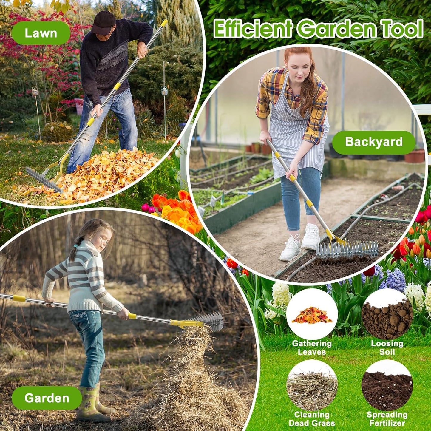 2-in-1 Thatch Rake for Lawn 55" Long Stainless Steel Thatching Rake wi