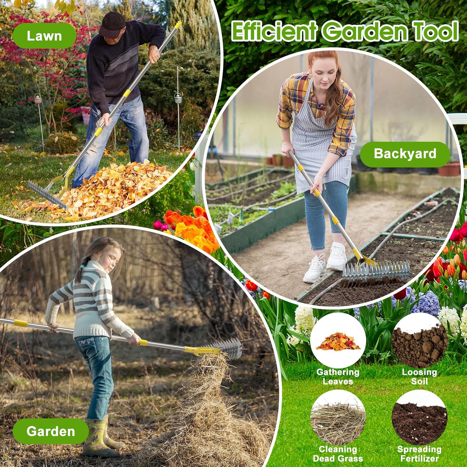 2-in-1 Thatch Rake for Lawn 55" Long Stainless Steel Thatching Rake wi