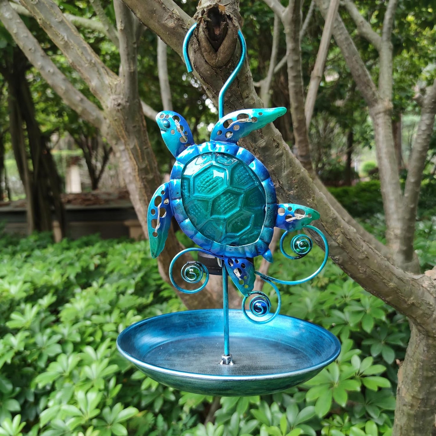 JOYBee Sea Turtle Solar Wild Bird Feeder for Outdoors Hanging, Metal & Glass Ocean Theme Outdoor Cardinals Feeders, Gifts for Bird Lovers and Solar Garden Decoration