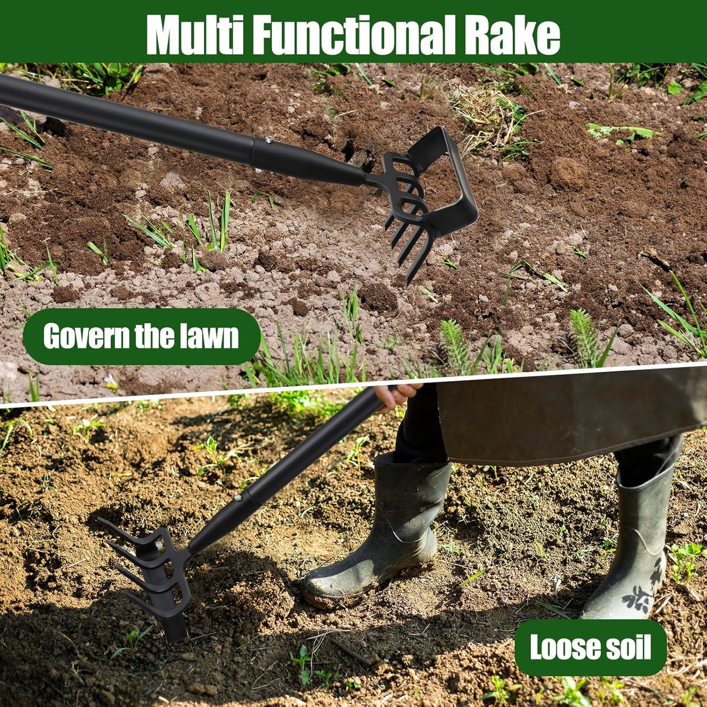 2-in-1 Garden Hoe Tool, Adjustable Length from 37 to 60inch, Ergonomic