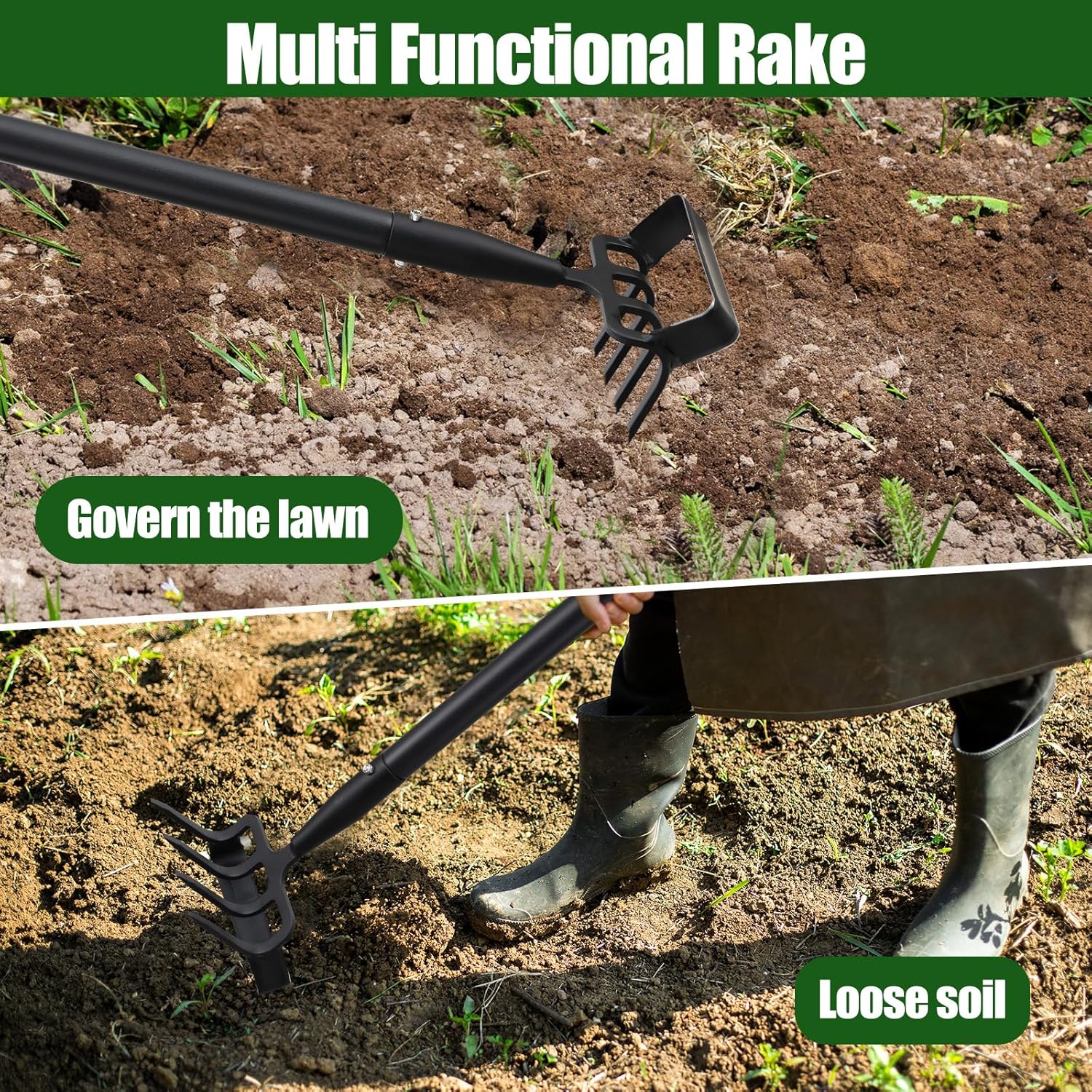2-in-1 Garden Hoe Tool, Adjustable Length from 37 to 60inch, Ergonomic