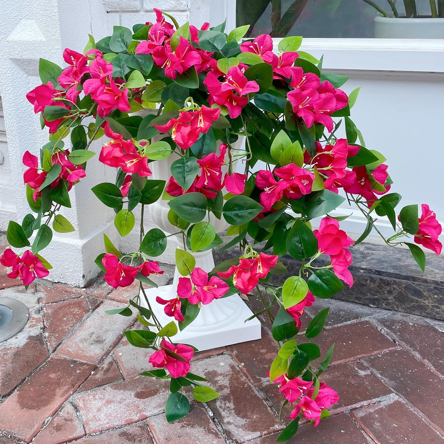 Artificial Faux Bougainvillea Flowers Plants for Outdoor Outside UV Resistant, 2 PCS Fake Silk Long Hotpink Hanging Vines Realistic Look Real for Spring Porch Planter Pot Patio Balcony Yard Decoration