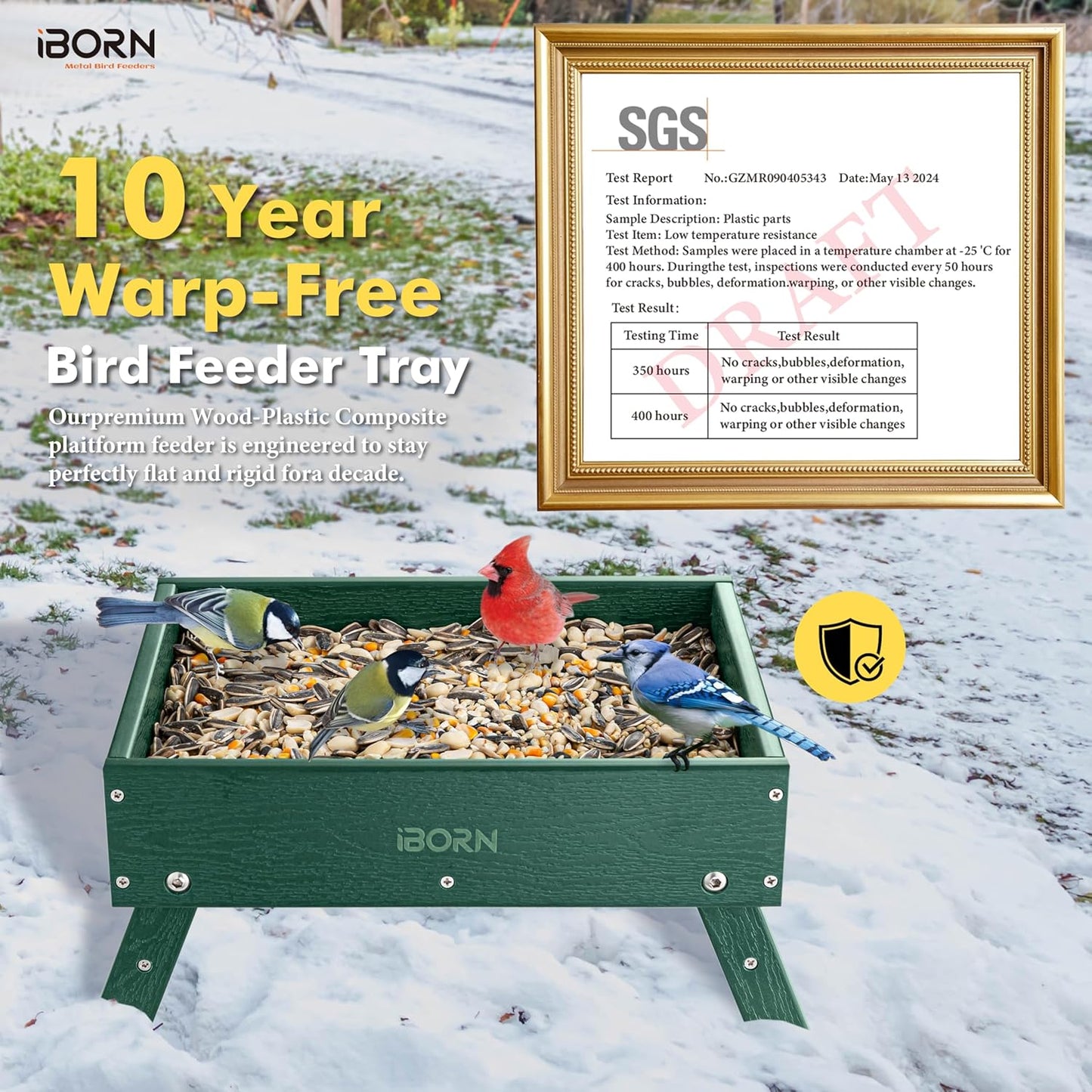 iBorn Ground Bird Feeder, Bird & Squirrel Platform Feeder for Outdoors, WPC Recycled Plastic, 3.6LB Large Capacity, Green