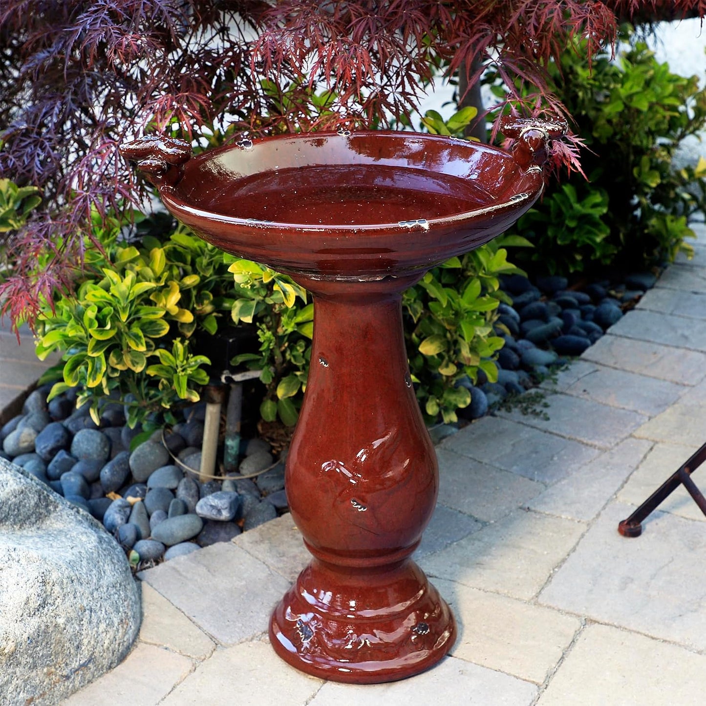 Alpine Corporation 25" Tall Outdoor Antique Ceramic Birdbath with 2 Bird Figurines - Vintage Style Garden Bird Bath Bowl for Patio, Yard, Lawn Decor, Red