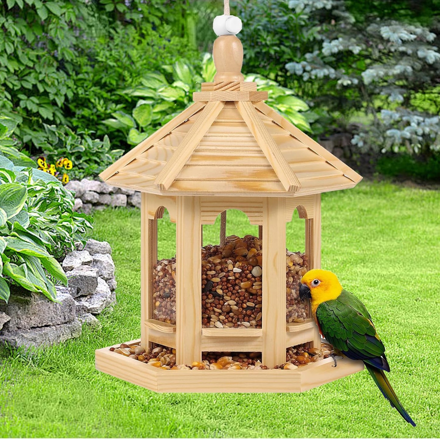Wooden Bird Feeder for Outside Garden,Hanging Bird Feeders Wood Hexagon Shaped Gazebo Large Capacity for Cardinal Sparrow Finch