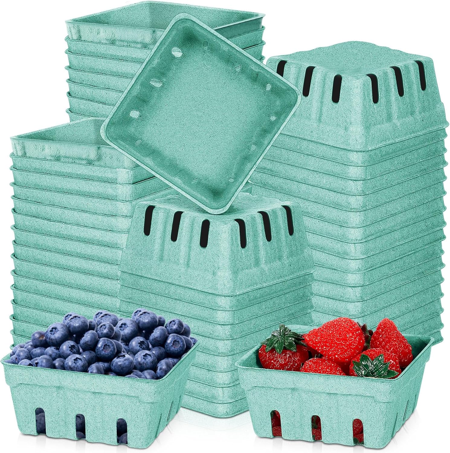 300 Pack 1/2 Pint Pulp Fiber Berry Baskets, Green Vented Containers fo