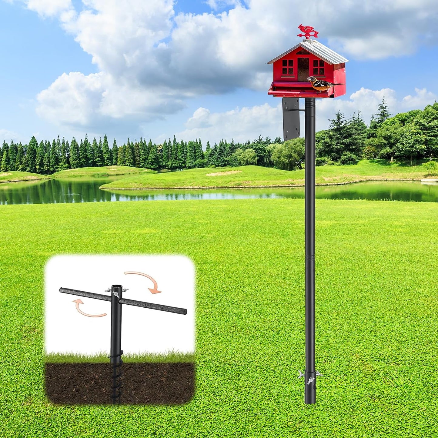 ‌JAOTREL 60" Bird Feeder Pole with Spiral Ground Stake - Heavy-Duty Metal, All-Weather Stability, Windproof & Rust-Resistant for Garden/Lawn/Bird Sanctuary