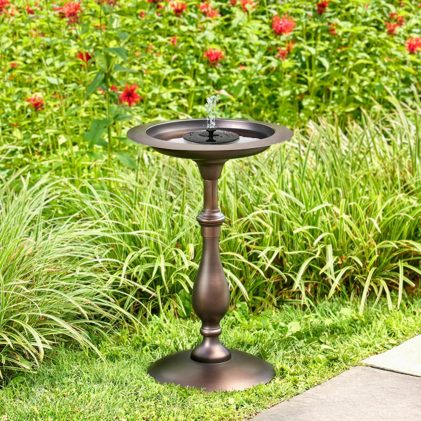 Good Directions Bronze Pedestal Bird Bath, Solid Brass Basin, Durable Aluminum Base, Includes Solar Water Fountain with Multiple Heads