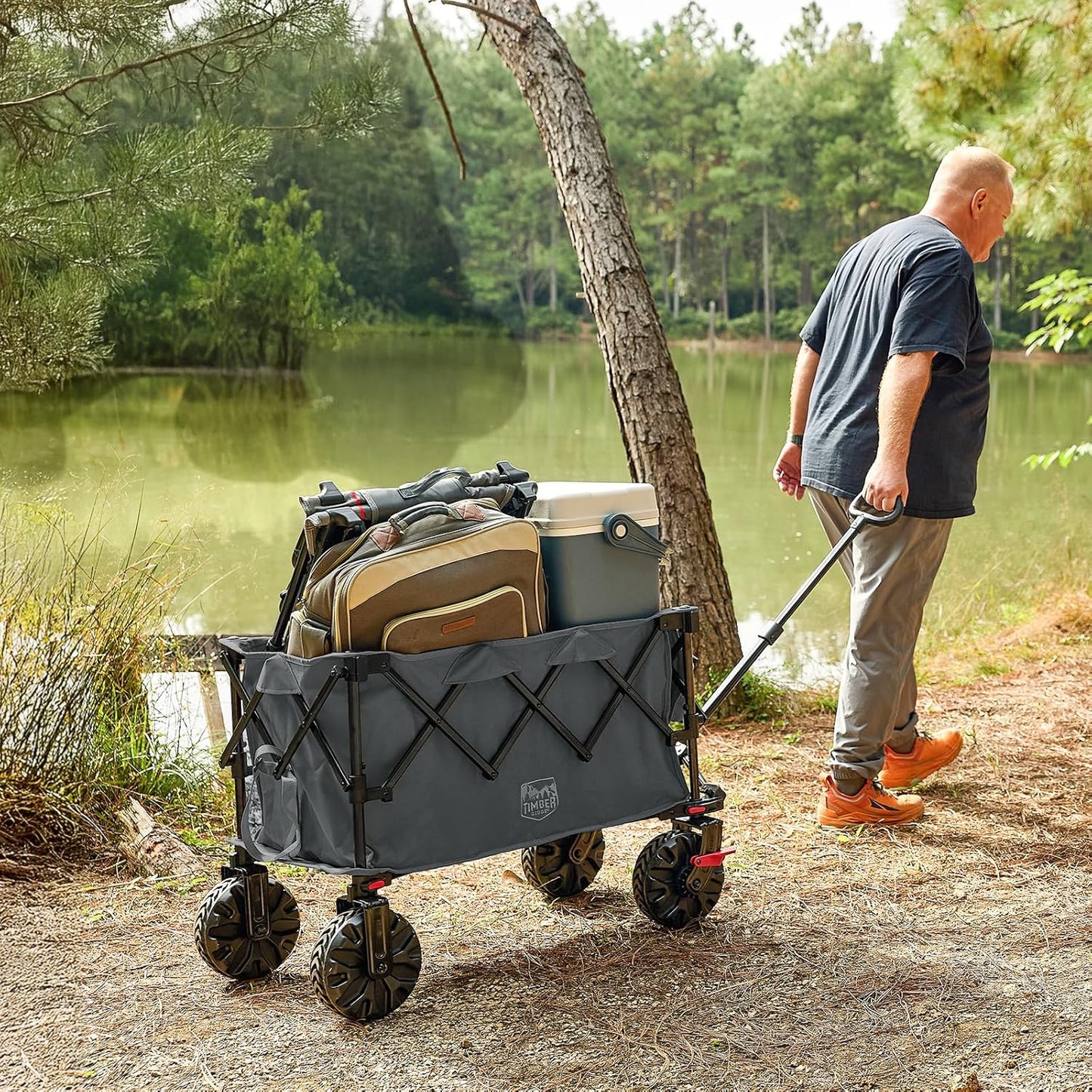 Timber Ridge Outdoor Collapsible Folding Wagon with Brakes and Cup Hol