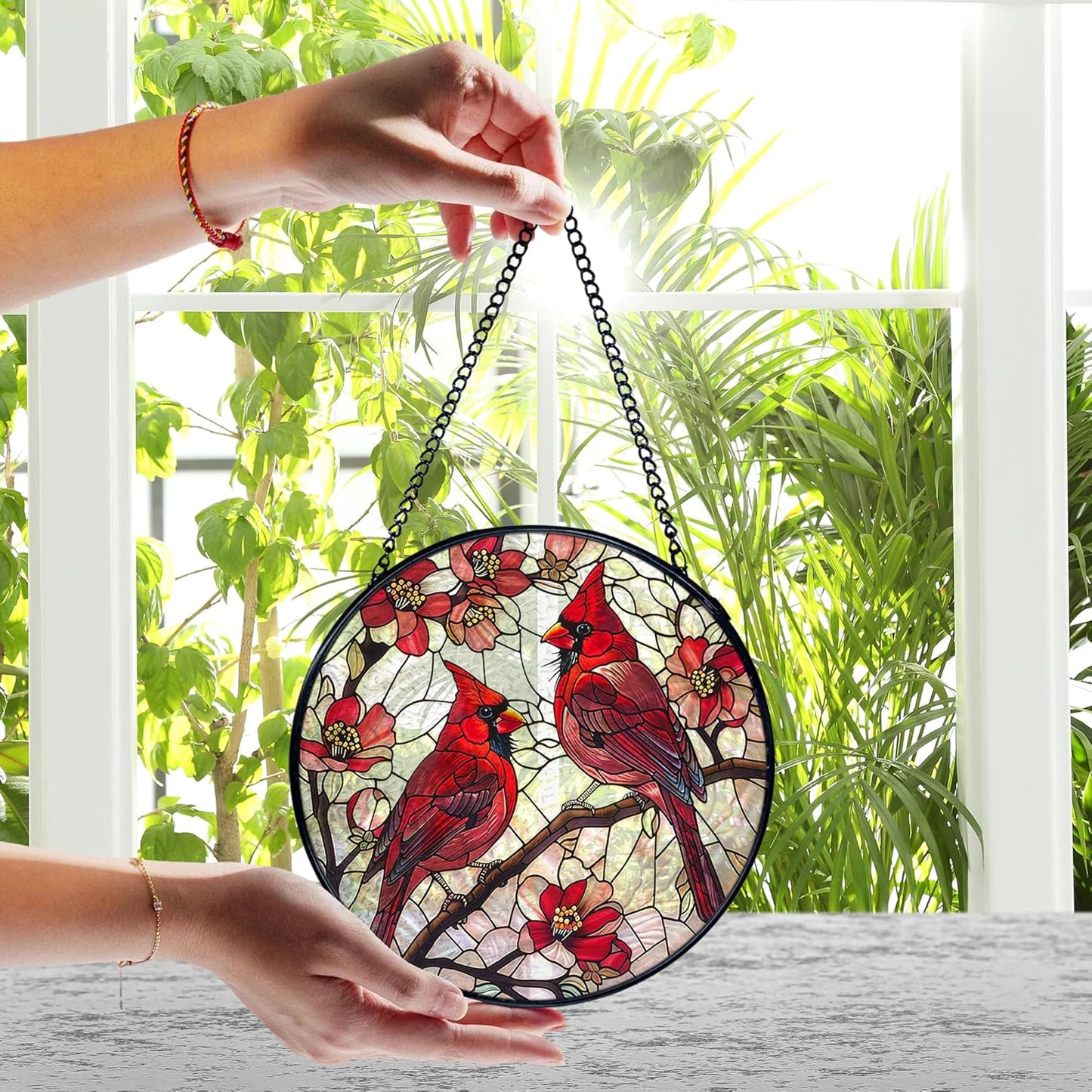 Cardinal Bird Stained Glass Window Hanging, Red Cardinal Flower Sun Catchers Indoor Window Round Glass Wall Art Decor, Bird Suncatcher Wall Hanging Decorations, Gardening & Lawn Care