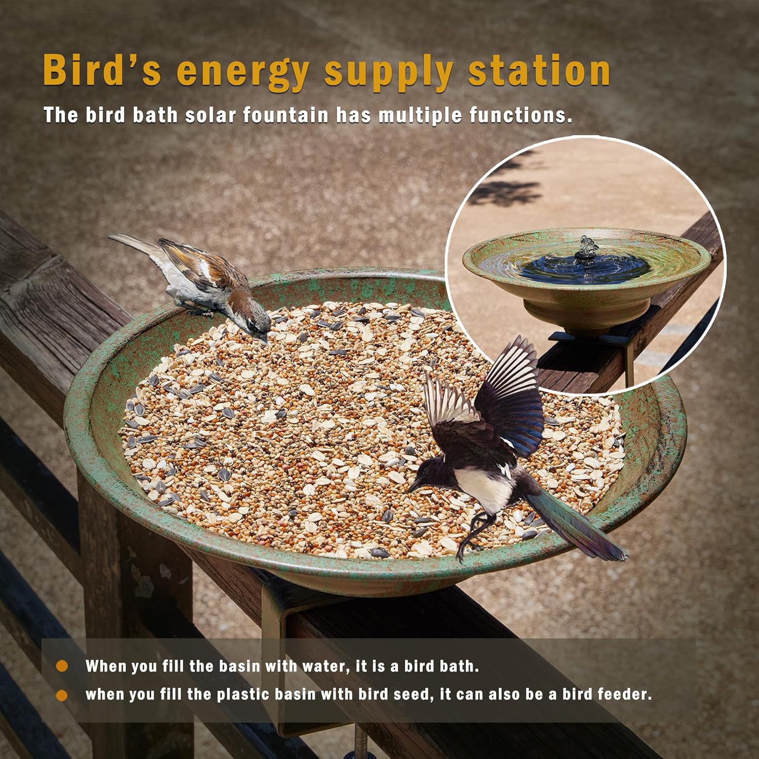 Solar Bird Bath,Deck Bird Bath with Solar Fountain,Metal Bird Bath Bub