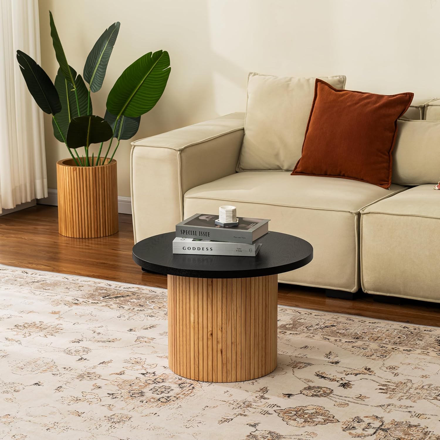 SHYFOY Fluted Wooden Round Indoor Outdoor Planters, Cylinder Decorativ