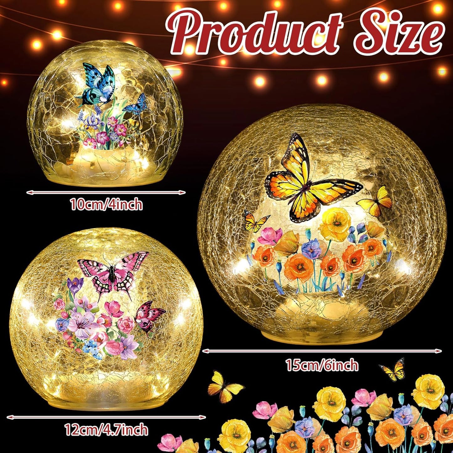 3pcs Spring Crackle Glass Ball Lights - Butterfly Ball Lamp Ornaments 