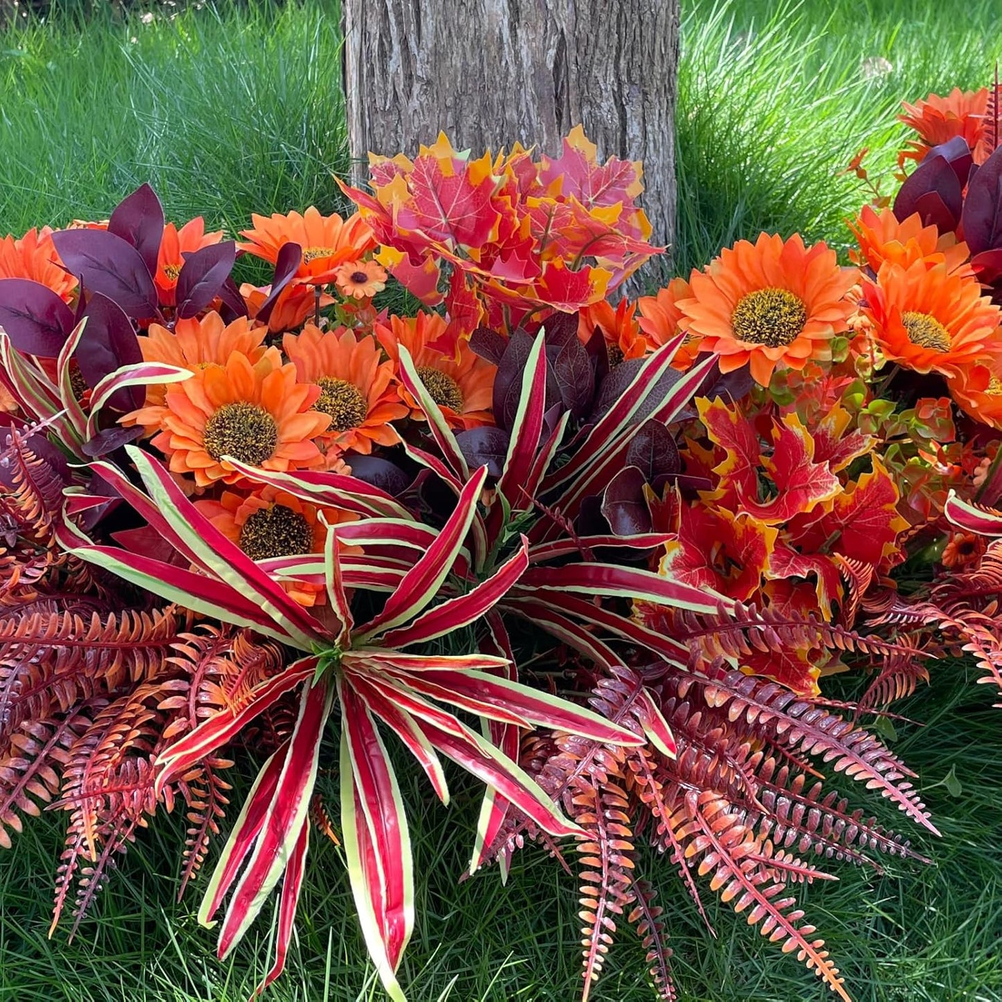 Artificial Sunflowers Flowers Faux Plants Greenery for Fall Thanksgiving Outdoor, 12 Bundles Fake Silk Bushes Foliage Look Real UV Resistant for Outside Planters Porch Pot Decor