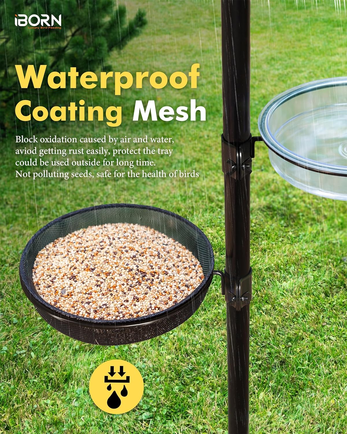 iBorn Bird Feeders Station Mesh Tray and Ring for 1” Pole Stand Station Outdoor Accessory for Humming Bird Feeders for Outside,Fit for 1 Inch Pole, Pack of 1 (Mesh & Water Tray, Pack of 2)