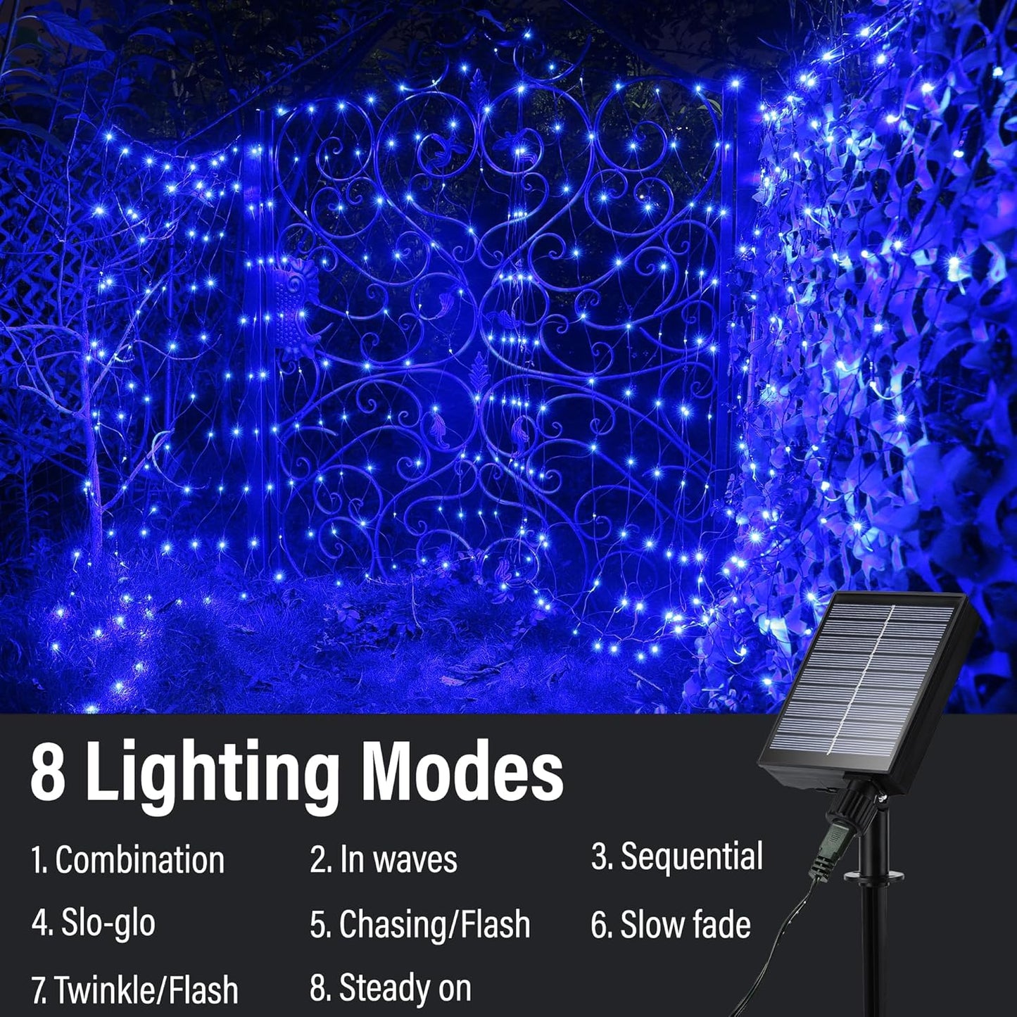 iBaycon 4ft × 6ft Solar Net Mesh Lights, Solar Powered Christmas Net Light Outdoor Waterproof, 8 Modes Bush Netting Lights for Xmas Trees, Party, Garden, Wedding, Outdoor Decorations (Blue, 2PACK)
