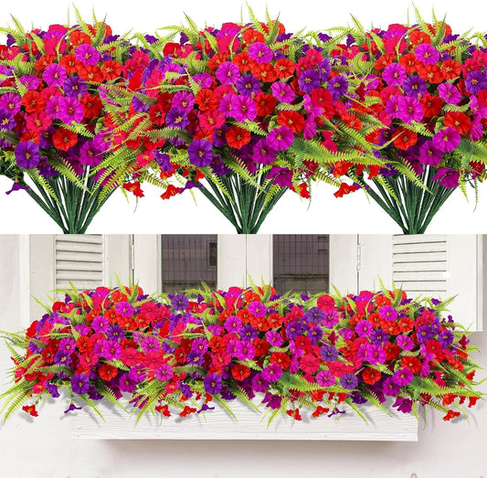 Artificial Flowers for Outdoors 12 Bundles Artificial Petunias Fake Flowers UV Resistant Shrubs Plants with Fern for Indoor Outside Hanging Planters Home Garden Spring Summer Decorations