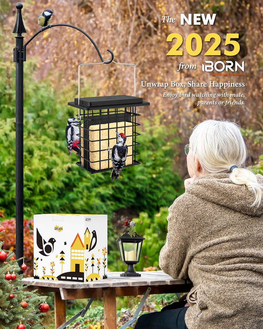 iBorn Double Suet Feeder for Outside Hanging,Weatherproof Suet Feeders,Suet Holder with Taller Grid for Woodpecker, Suet Cage Bird Feeders for Outdoors,Easy to Clean & Refill,All Metal,Black