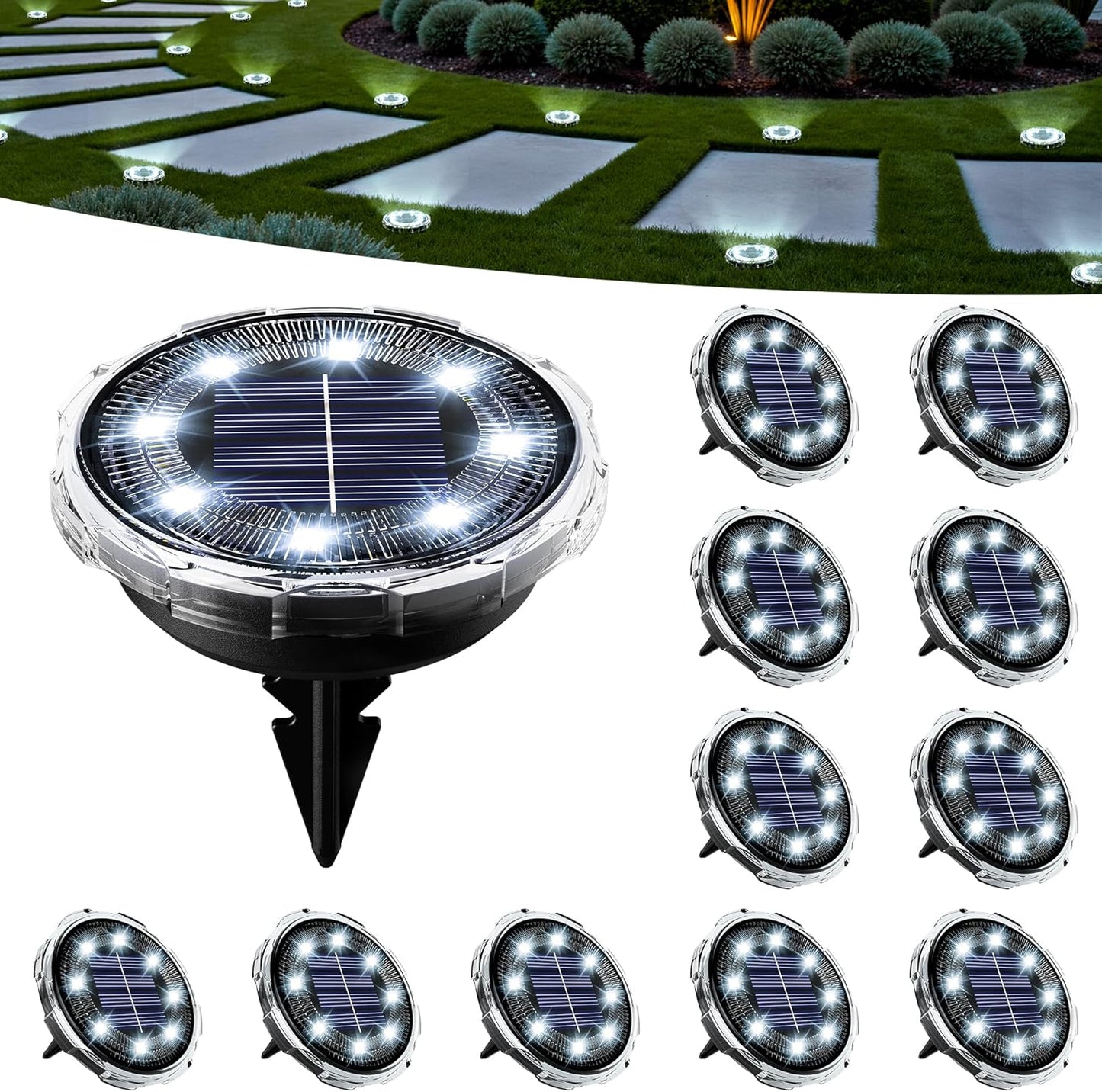 SOLPEX Solar Ground Lights 12 Pack, Solar Pathway Lights Outdoor Water