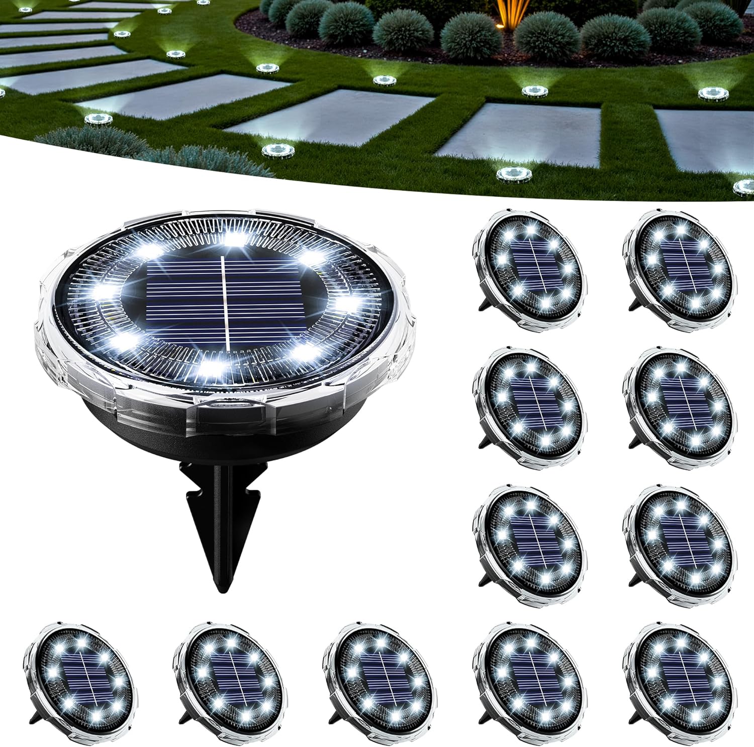 SOLPEX Solar Ground Lights 12 Pack, Solar Pathway Lights Outdoor Water
