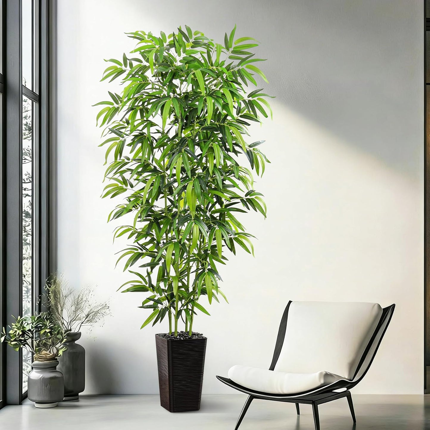 Artificial Bamboo Tree, 6FT Fake Plants Faux Bamboo Plant with Black Square Planter, Artificial Trees Faux Silk Plant with 3 Trunks & Green Lush Leaves for Home Office Indoor Outdoor Decor