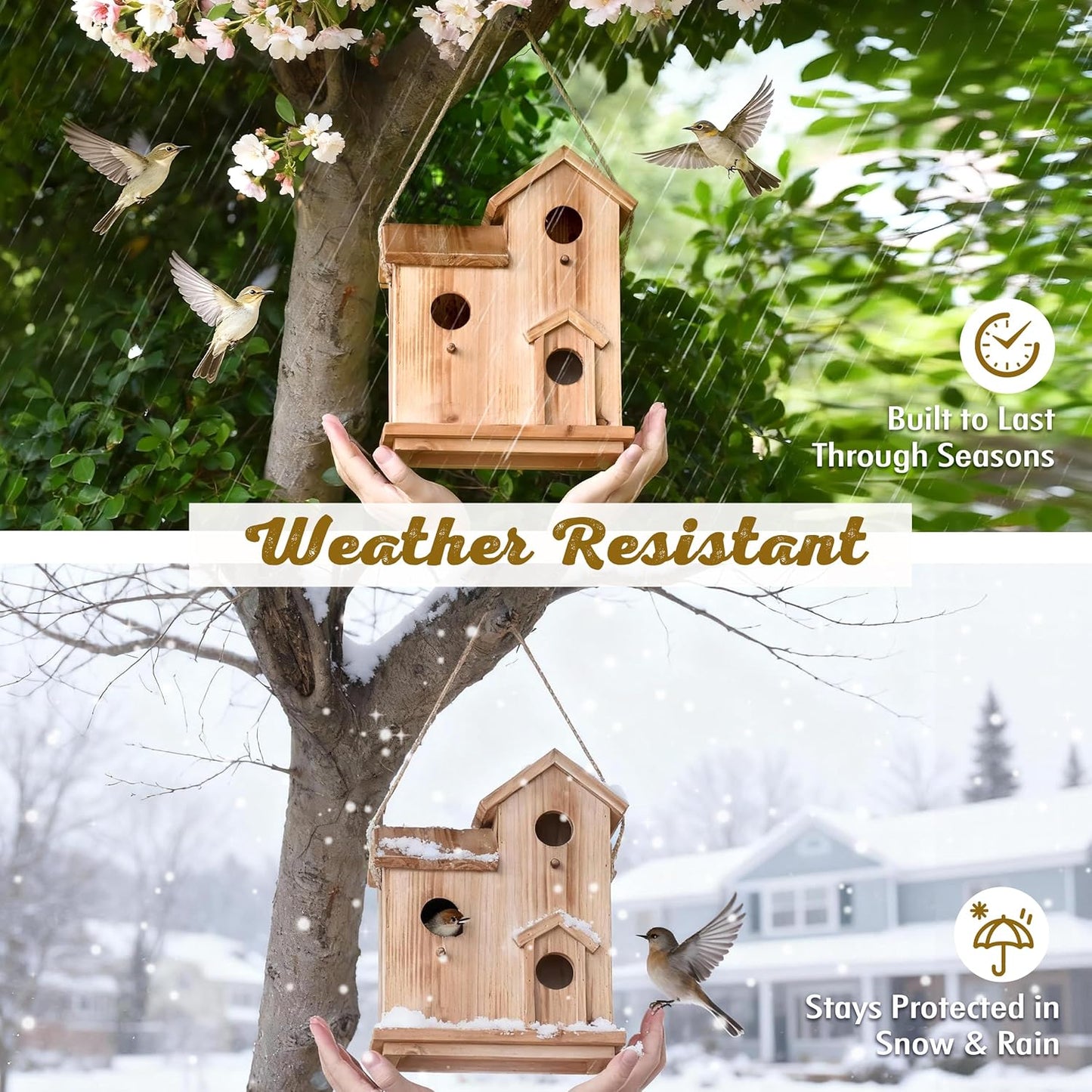 3-Chamber Wooden Bird House with Rope, Outdoor Bird Nesting Box with 3 Entry Holes, Multi-Level Shelter for Small Birds (Wood, 3 Chamber)
