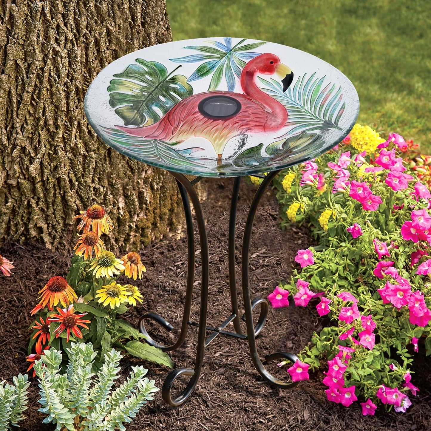 Hi Line Gift Ltd. Solar LED Verdant Glass Bird Bath with Stand - Flamingo