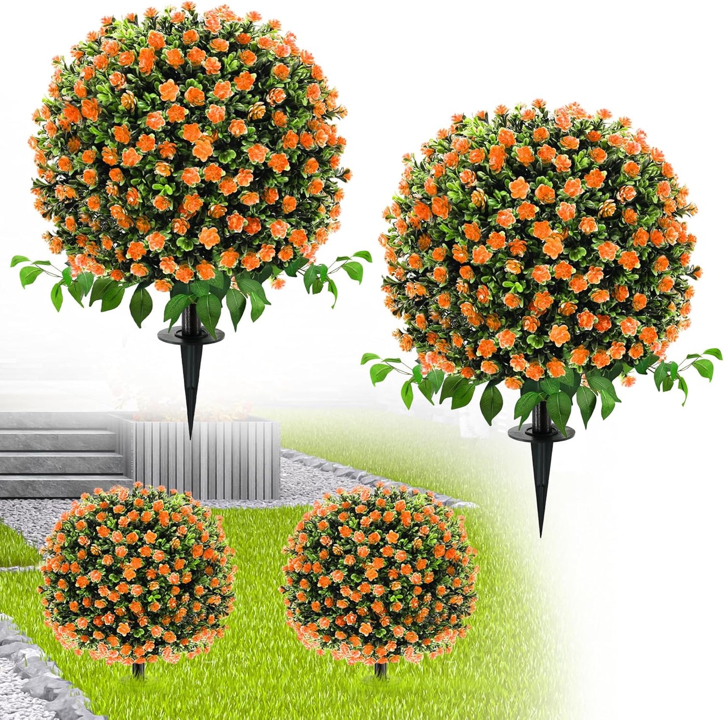 28" Artificial Flower Bushes with Ground Stakes – Artificial Boxwood Topiary Trees with Roses Orange Faux Floral Plants with Autumn Leaves for Outdoor Thanksgiving, Garden, Pathway, Porch Décor