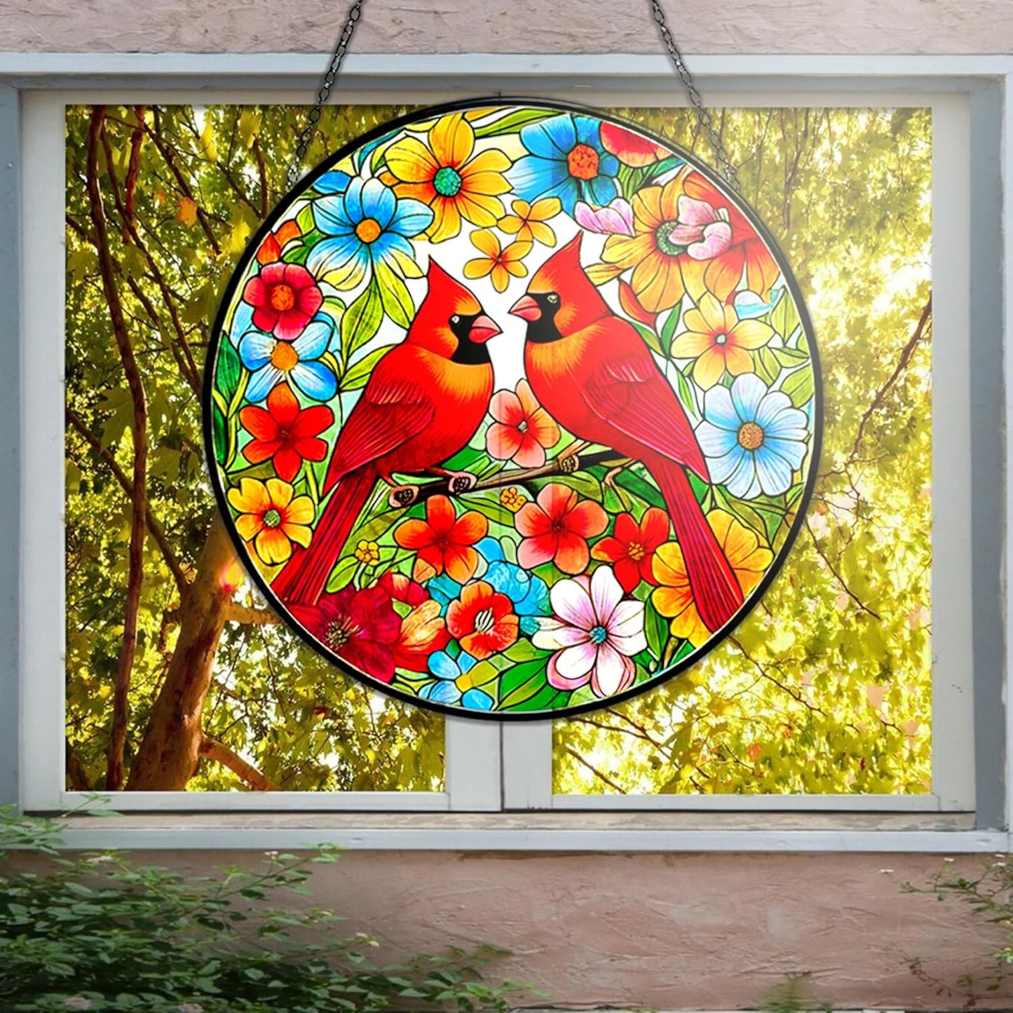 Cardinals Stained Glass Suncatcher - Red Bird Window Hanging with Safe Iron Frame - Includes Chain & Suction Cup - Heartfelt Gift for Mom, Women - Housewarming & Christmas Decor (Cardinal Ver1)