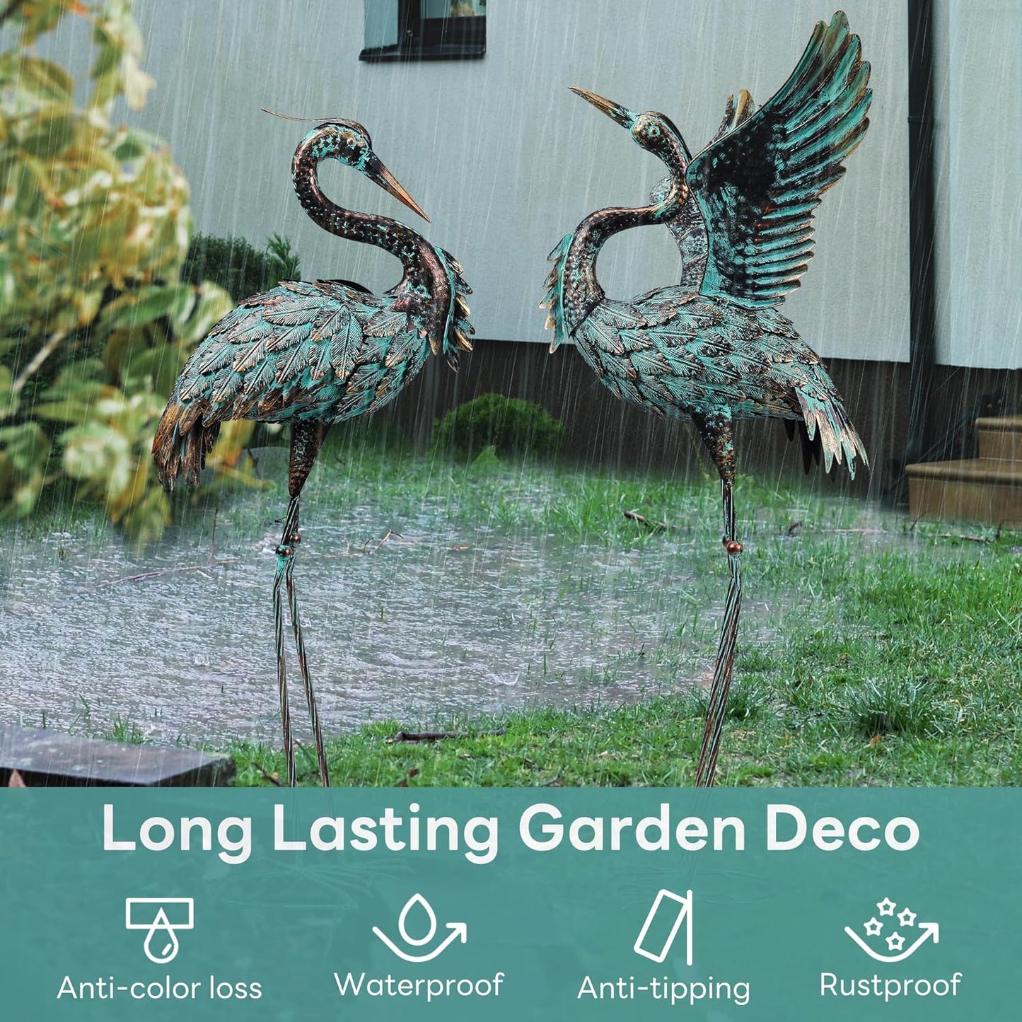 Garden Statues Large Metal Crane Sculptures, Outdoor Heron Metal Statue Yard Art for Garden Decor, Realistic Bird Art for Outdoor Decor, Standing Lifelike, Water&Rust-Proof, Set of 2 Bronze