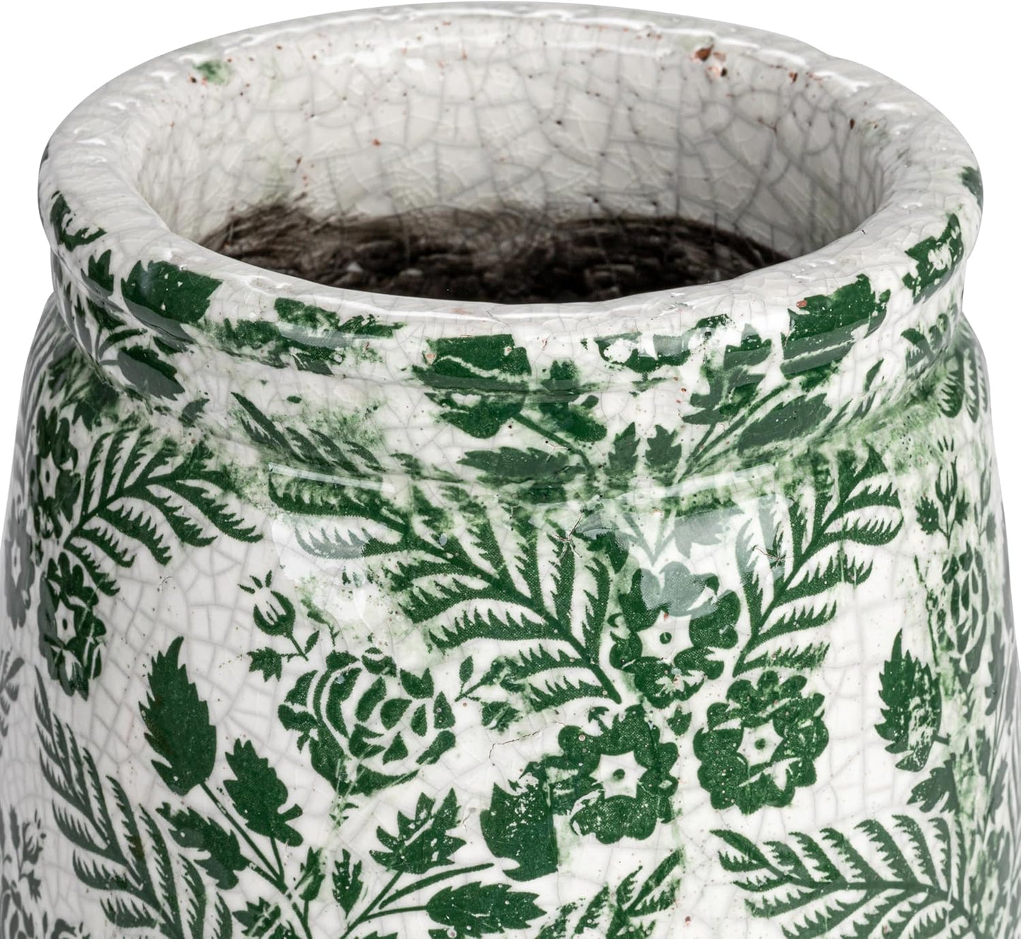 Creative Co-Op Terra-Cotta Planter Vase with Flower Pattern and Crackle Glaze, Green and White