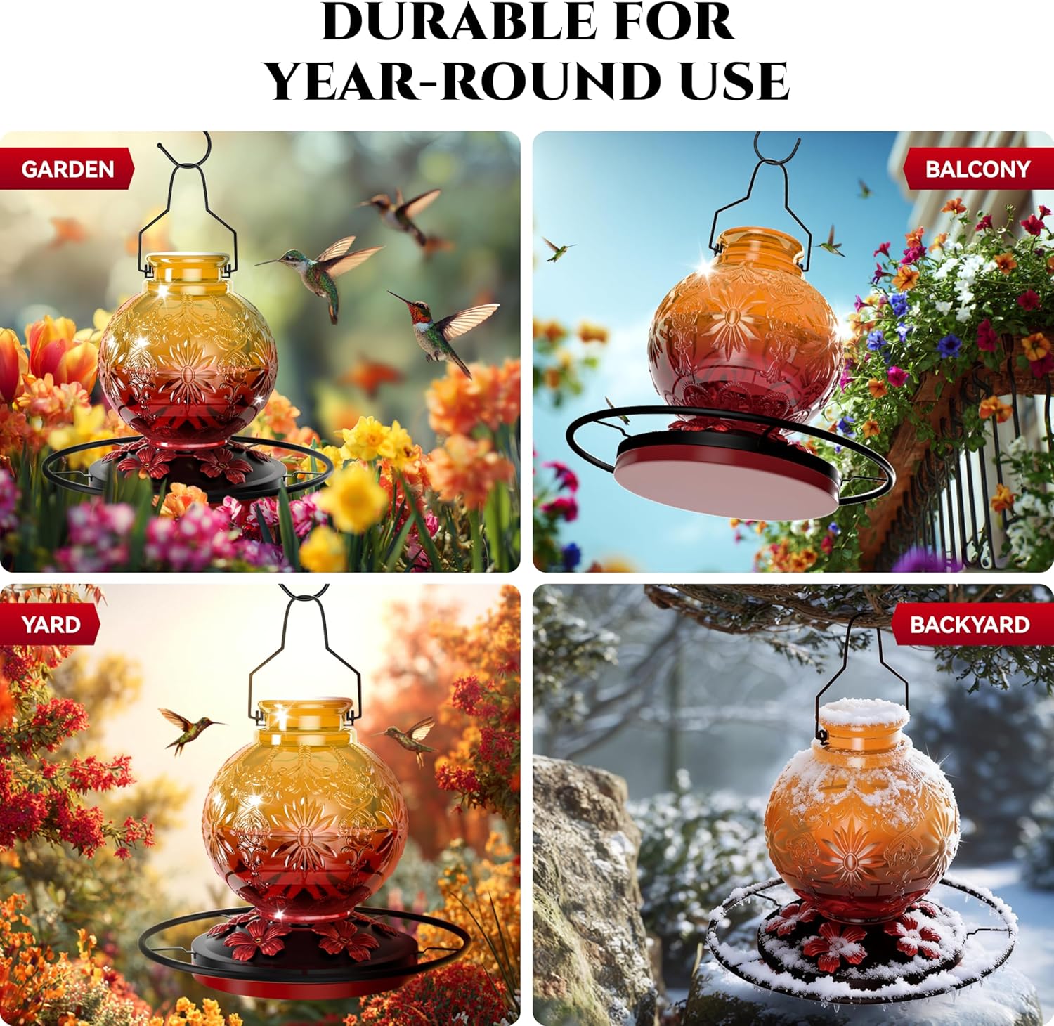 Glass Hummingbird Feeder for Outdoors, 25Oz Large Decorative Hanging H