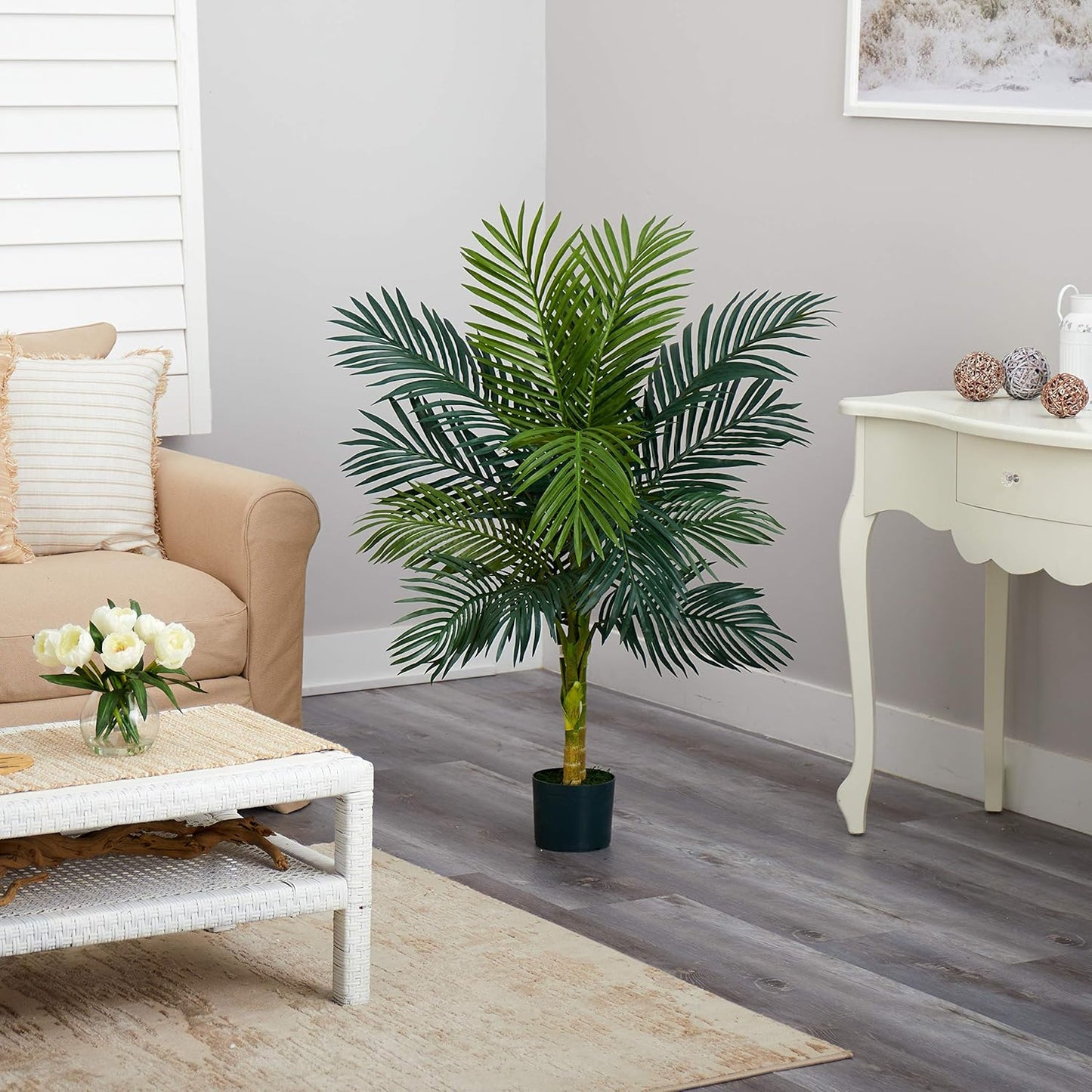 Nearly Natural 4ft Golden Cane Palm, Double Stalk Artificial Tree With Lush Realistic Foliage Maintenance Free Indoor Faux Palm Plant For Living Room, Easy Setup, Perfect Tropical Decoration