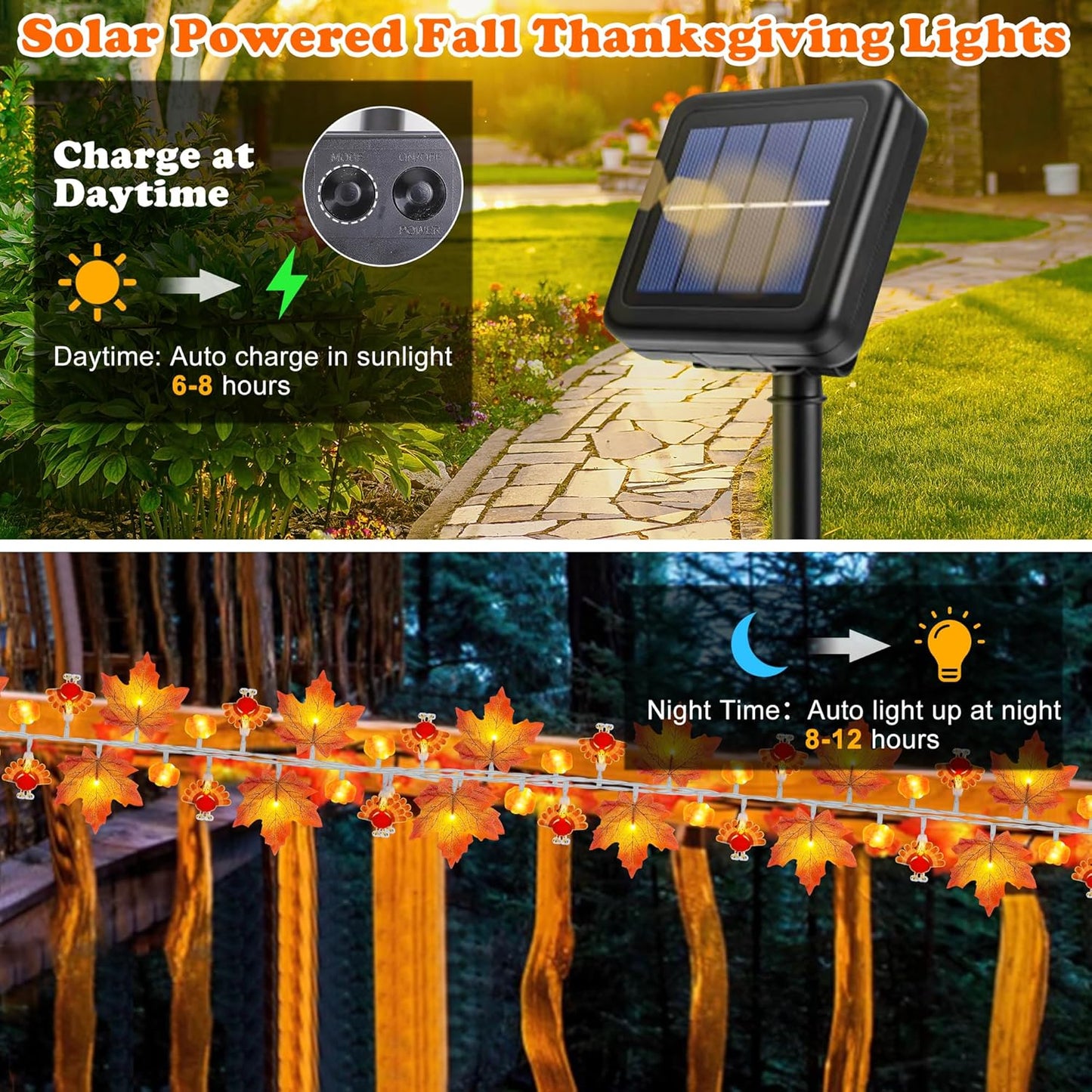 Mosoan Solar Thanksgiving Decorations Fall Garland with Enlarge Turkey Lights, Thanksgiving Lights Pumpkin Decor, 20Ft 40LED Waterproof Turkey String Lights Decoration Home Indoor Outdoor Garden