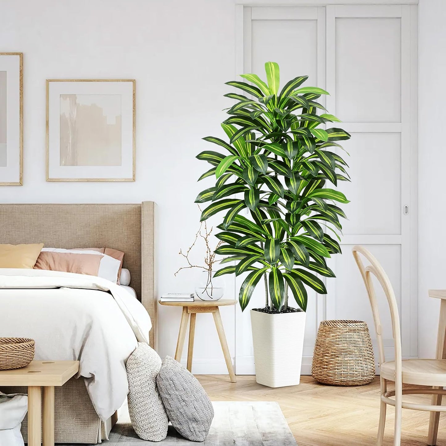 Artificial Dracaena Tree - 5FT Tall Fake Plants with White Tall Planter - Artificial Plants Indoor Floor Plant in Pot - Large Tropical Fake Yucca Potted Tree for Home Office Living Room Decor