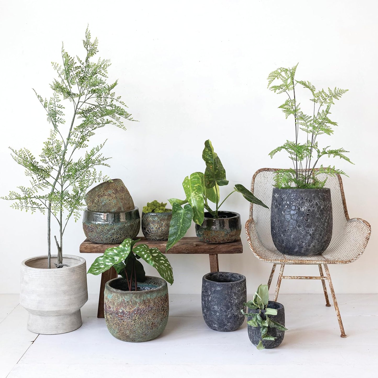 Creative Co-Op Textured Terra-Cotta Planters, Set of 2, Blue and Brown