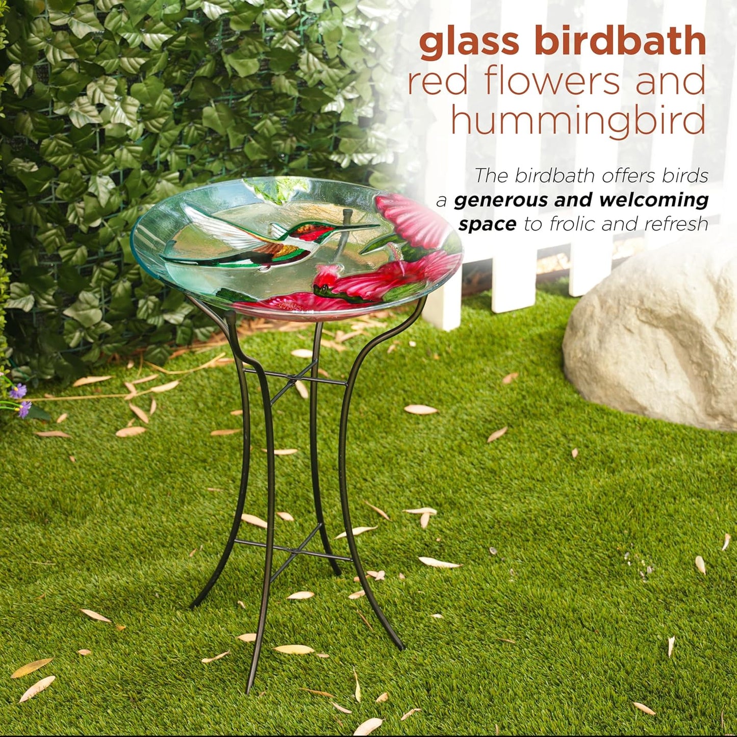 Alpine Corporation 26" Tall Outdoor Glass Floral Hummingbird Birdbath 