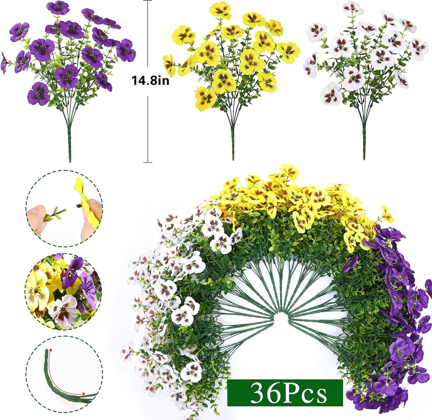 Waipfaru 36 Bundles Artificial Pansy Flowers for Outdoor, UV Resistant Faux Silk Flowers for Outdoor Planters Front Door Porch Yard Patio Window Box Home Decor (Purple, Yellow, White)