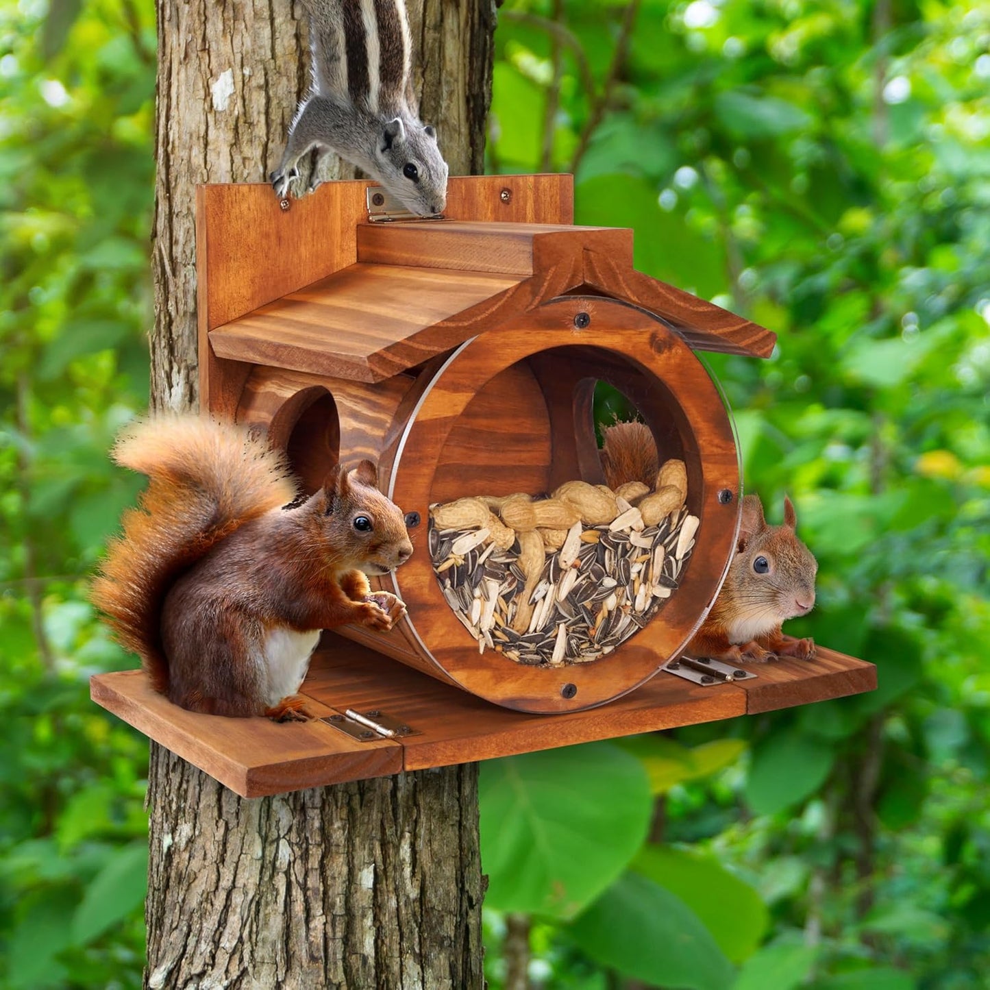 MIXUMON Wood Squirrel Feeder, Squirrel Feeders for Outside Winter, Wooden Chipmunk Feeder for Corn, Peanuts, Durable Box Easy to Fill with The Roof Can Be Opened