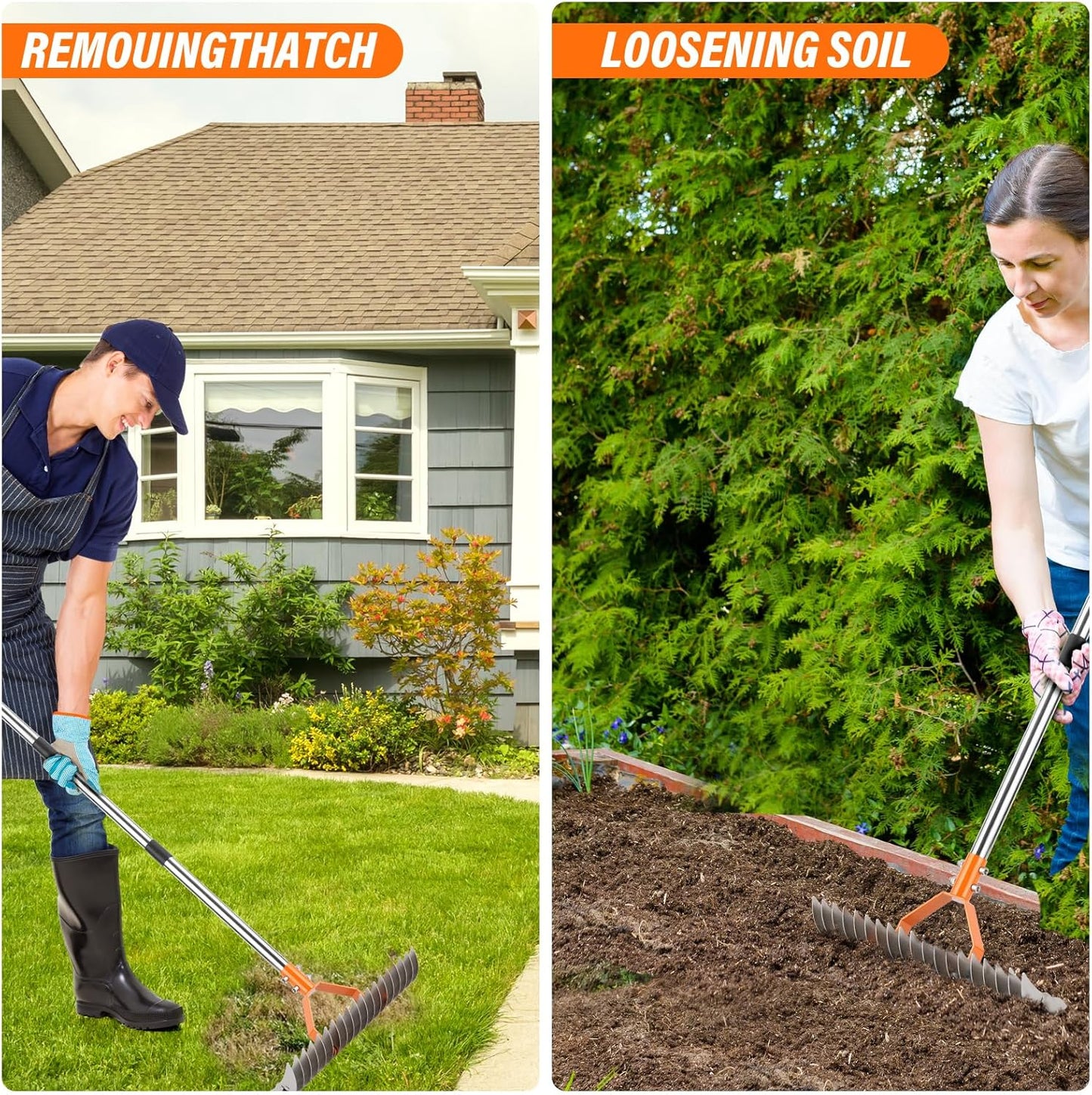 62" Adjustable Thatch Rake - 19-Tine Lawn Dethatcher with Nickel Steel