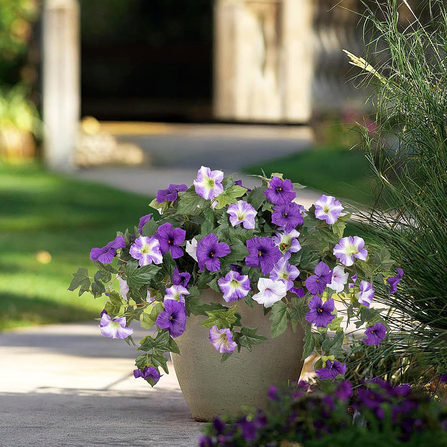 Artificial Fake Flowers Plants for Outdoor Decoration, 2PCS Faux Petunias Silk Flower UV Resistant No Fade for Home Outside Garden Balcony Yard Porch Realistic Indoor Decor (Purple White)