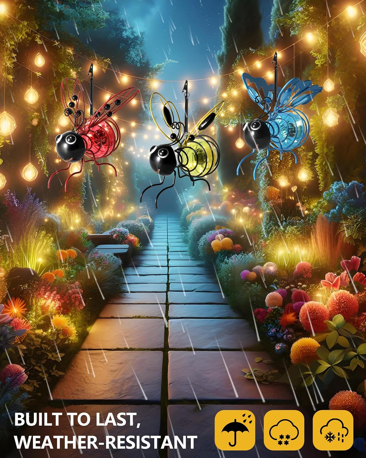 Lighted Outdoor Display - Solar Powered Hanging Bee Decor with Bouncy Springs - Outdoor Hanging Solar Lights for Garden Decor, Yard, Patio, Porch (Yellow)