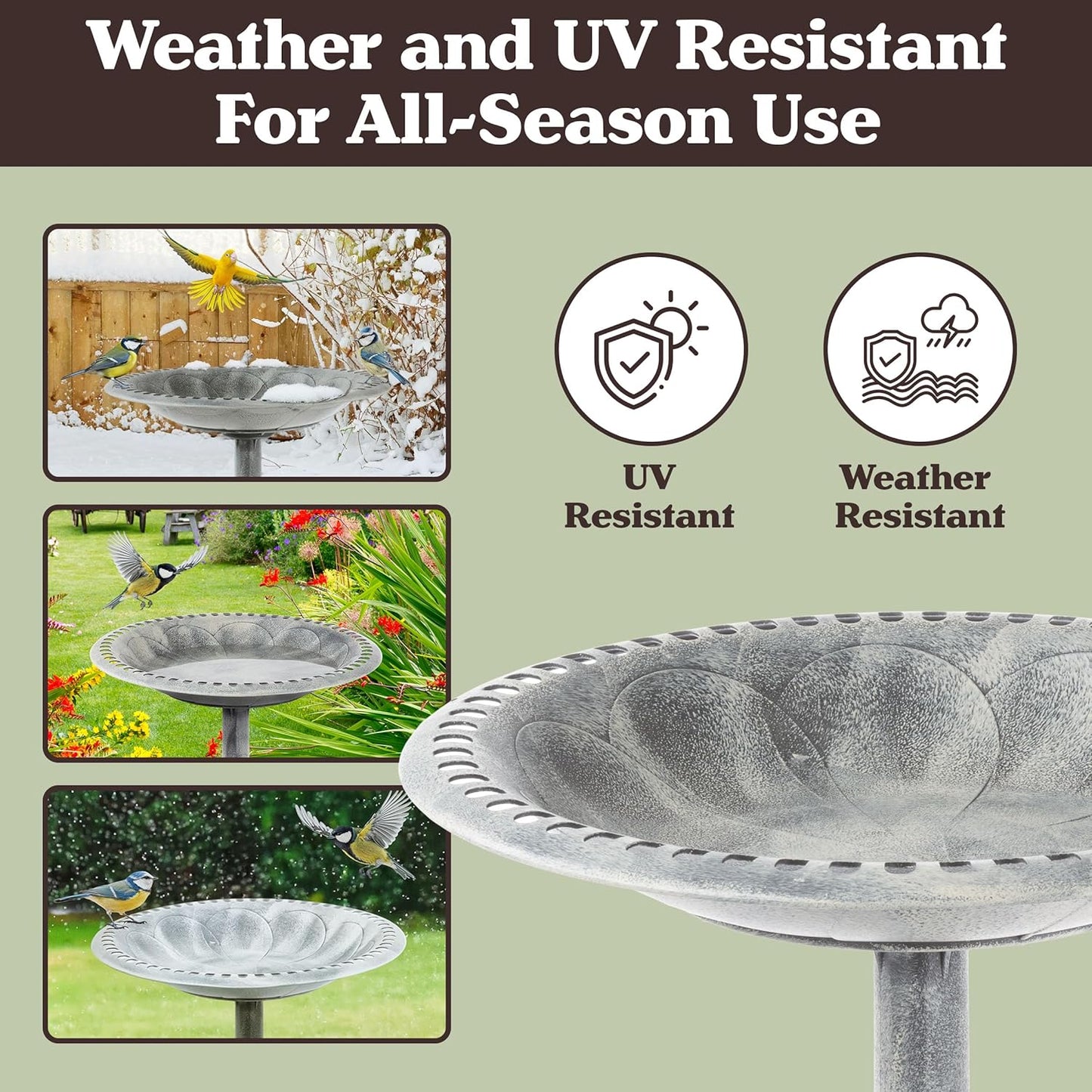 Outdoor Antique-Style Bird Bath - Weather-Resistant Polyresin Basin with Vintage Design and Ground Stakes - Yard and Patio Decor by Pure Garden (Gray)
