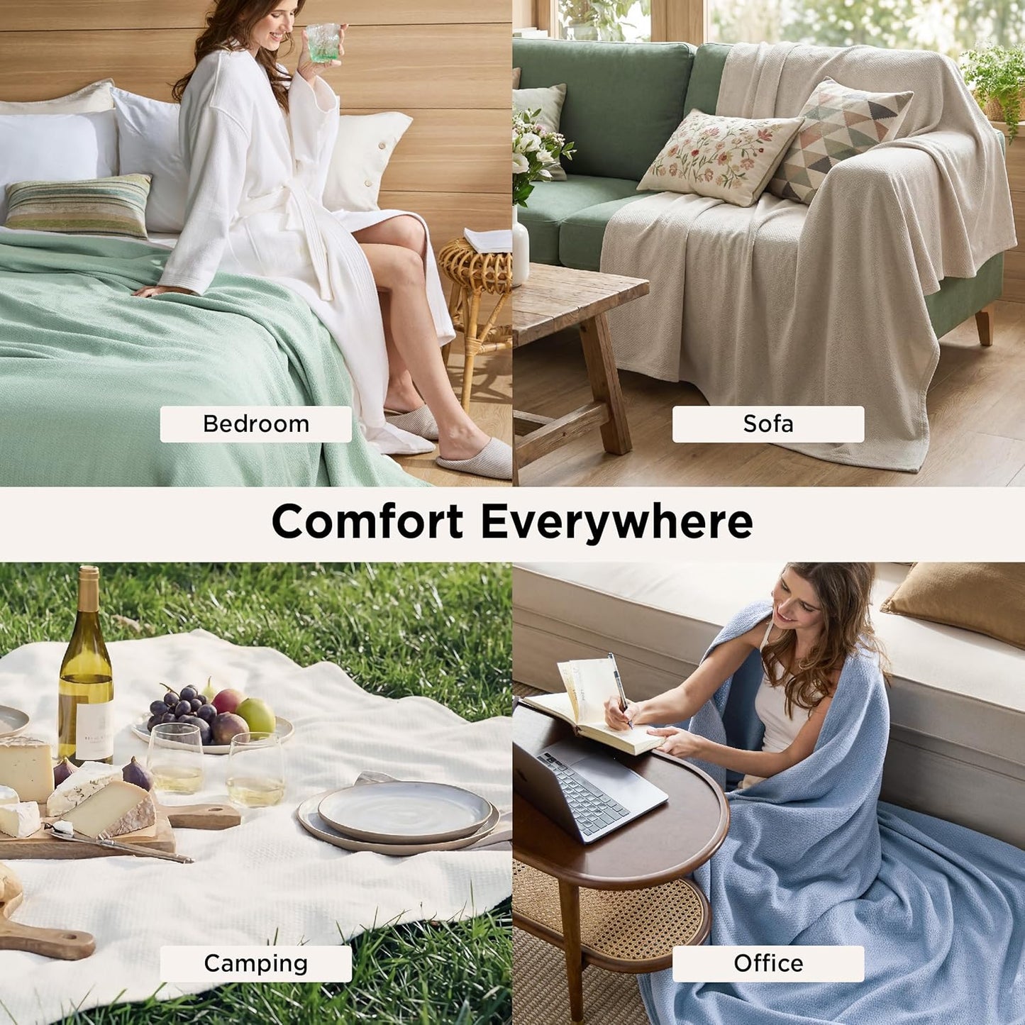 Bedsure GentleSoft 100% Cotton Blanket Queen Size for Bed - Breathable and Lightweight, Soft Cozy Textured Herringbone Woven Blanket for Summer Spring, Linen Beige, 90x90 inches