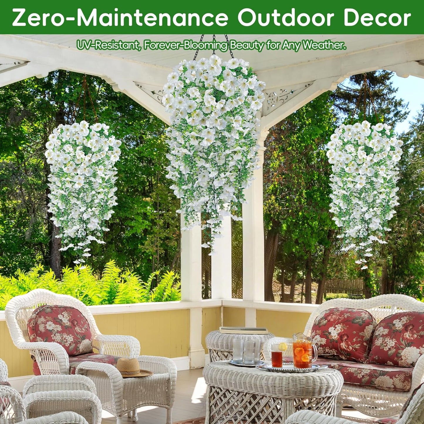 Artificial Hanging Flowers for Outdoors, 6Pcs UV Resistant Faux Silk Morning Glory Flowers, Artificial Fake Plants Trailing Vines for Porch Patio Balcony Yard Garden Farmhouse (White)