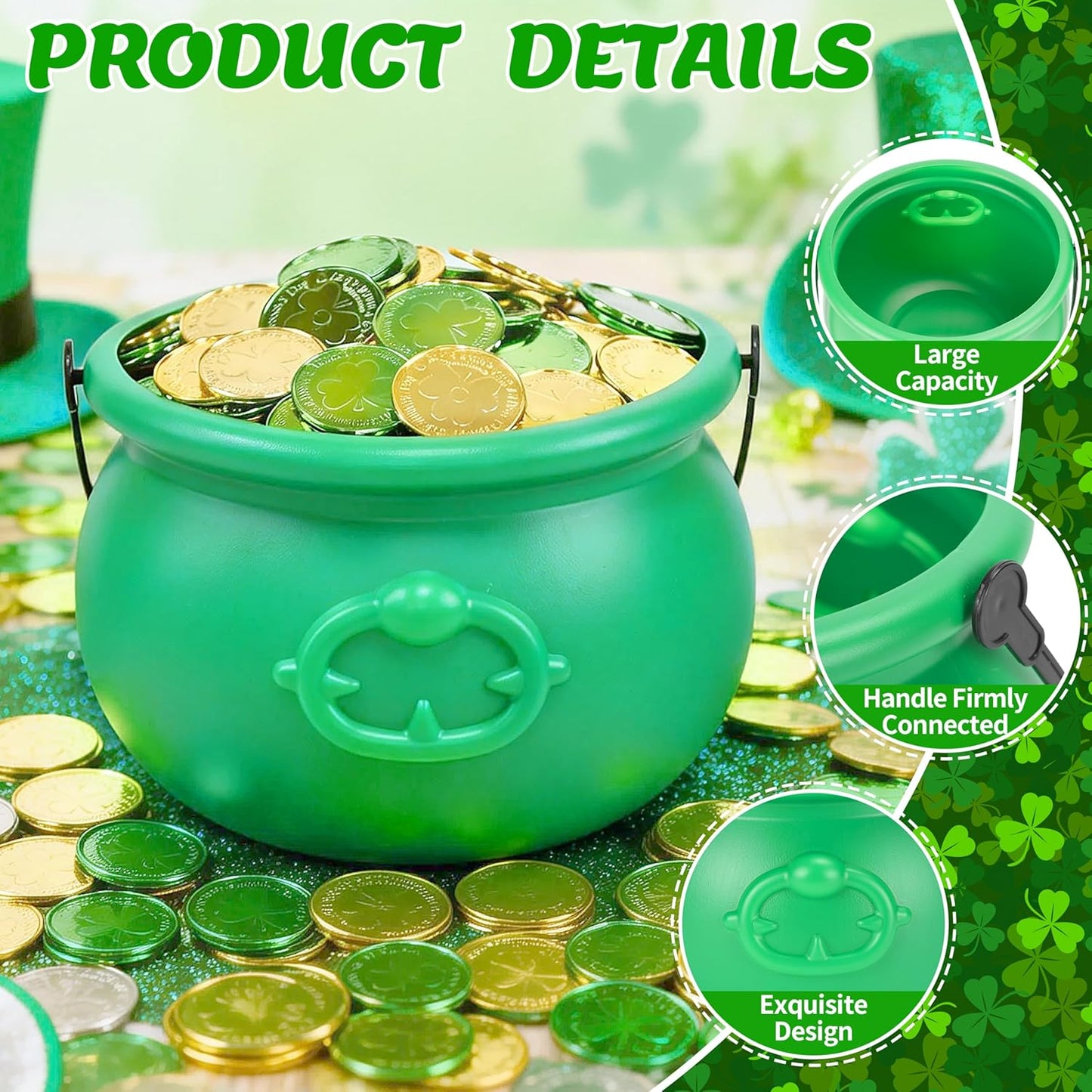 8 Inch St Patricks Day Green Pot with 120 Green & Gold Plastic Lucky Coins Candy Bucket Reusable Pot for St Patrick's Day Decorations Irish Lucky Festival Supplies