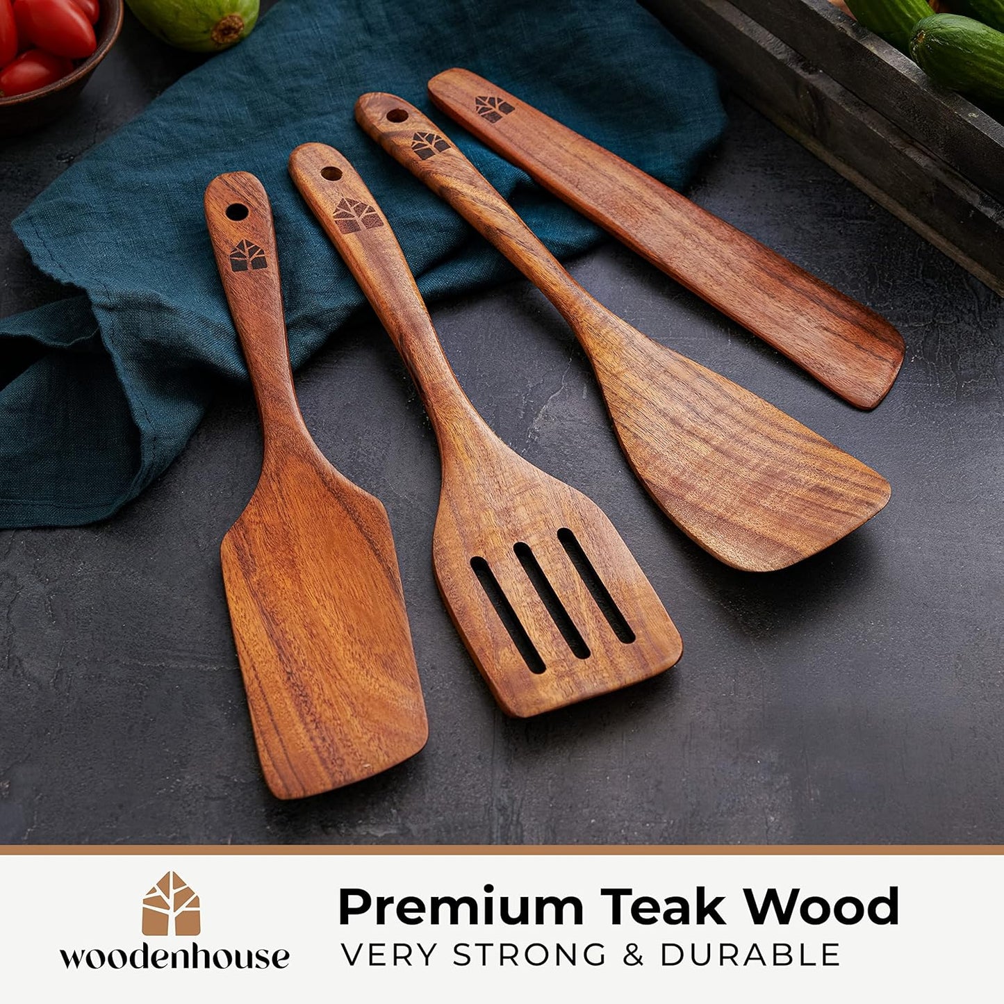 Woodenhouse Wooden Spatula for Cooking, Teak Spatulas for Kitchen Use - Wooden Cooking Utensils Set of 4 including Paddle, Turner, Slotted Spurtle and Wood Scraper. Nonstick cookware