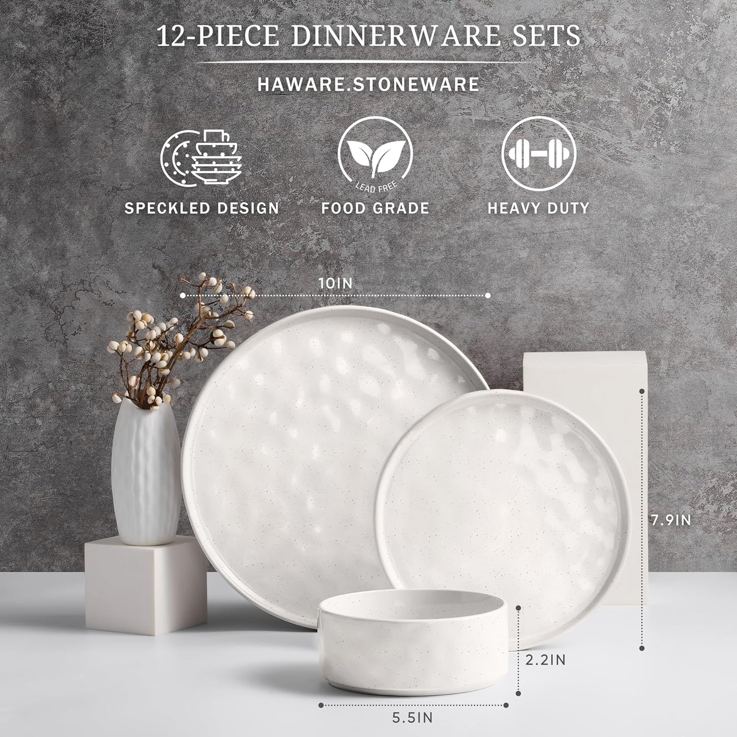 HaWare Dinnerware Sets, 12-Piece Plates and Bowls Set, Stoneware Dish 