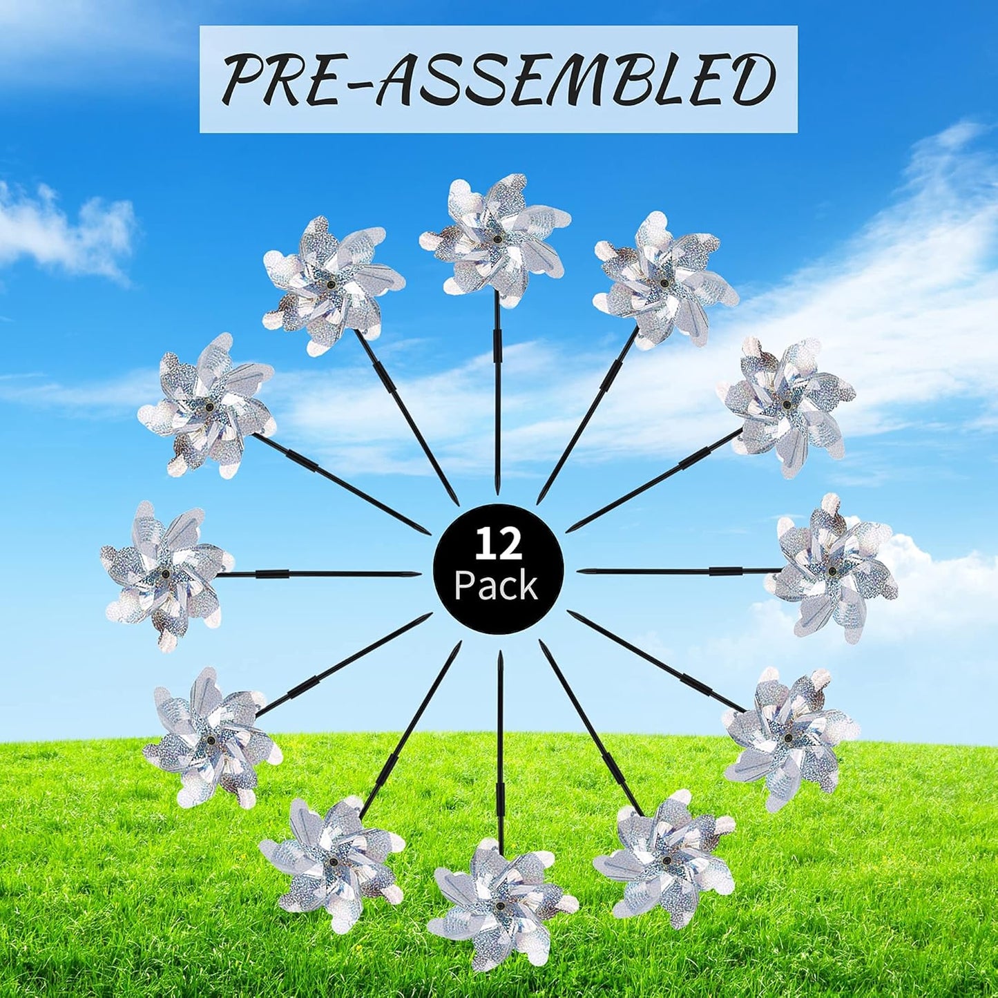 BATTIFE Reflective Pinwheels for Yard and Garden, Pre-Installed Sparkly Blind Birds Pin Wheel, Scare Birds & Animal Away Wind Spinner, 12 Pack (Silver)